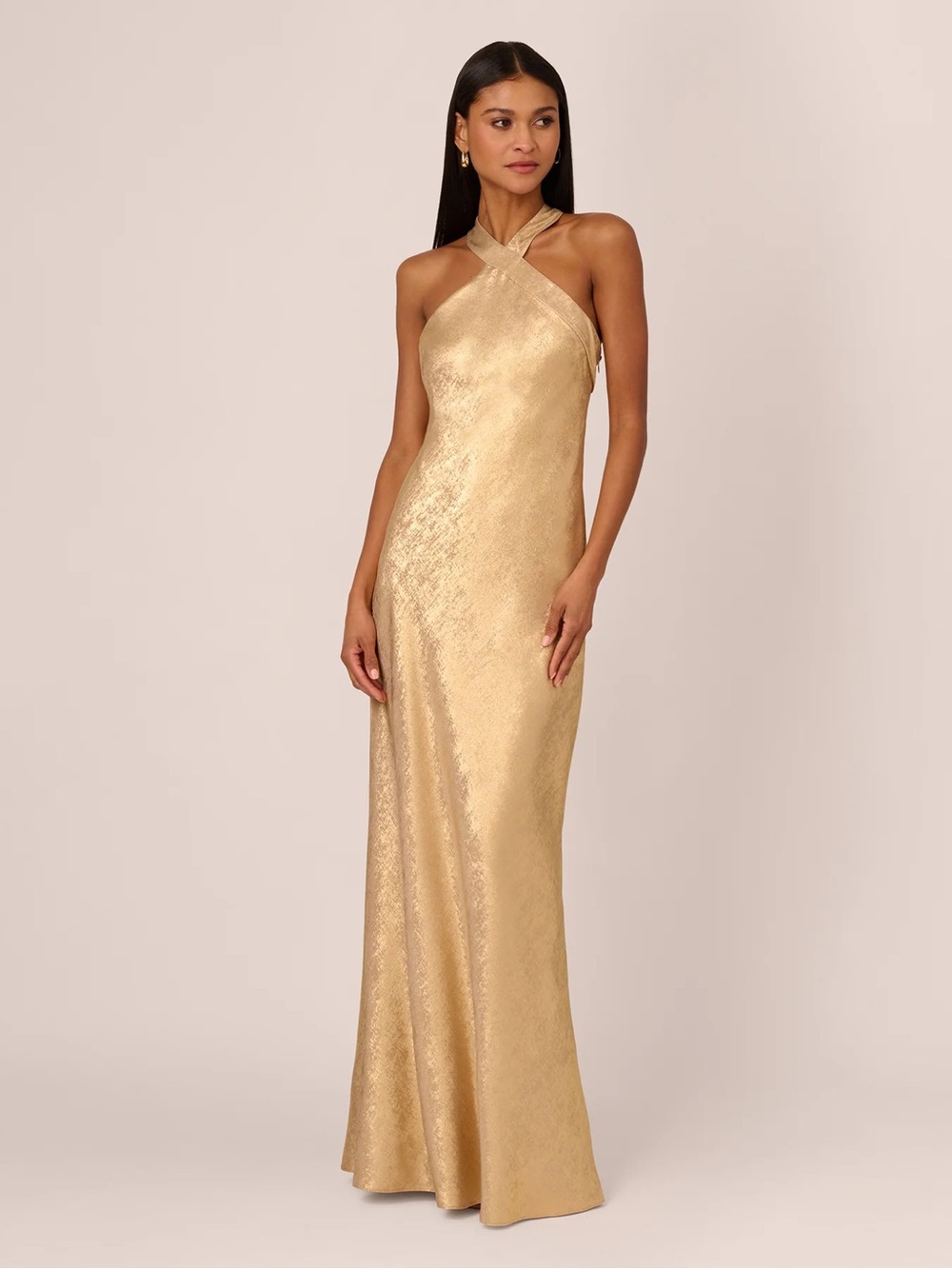 Adrianna Papell Foiled Mermaid Gown With Halter Neckline In Light Gold - Picture 2 of 8